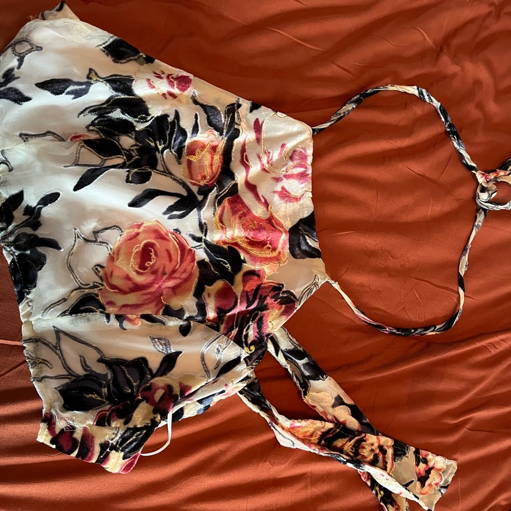 Velvet cropped floral halter